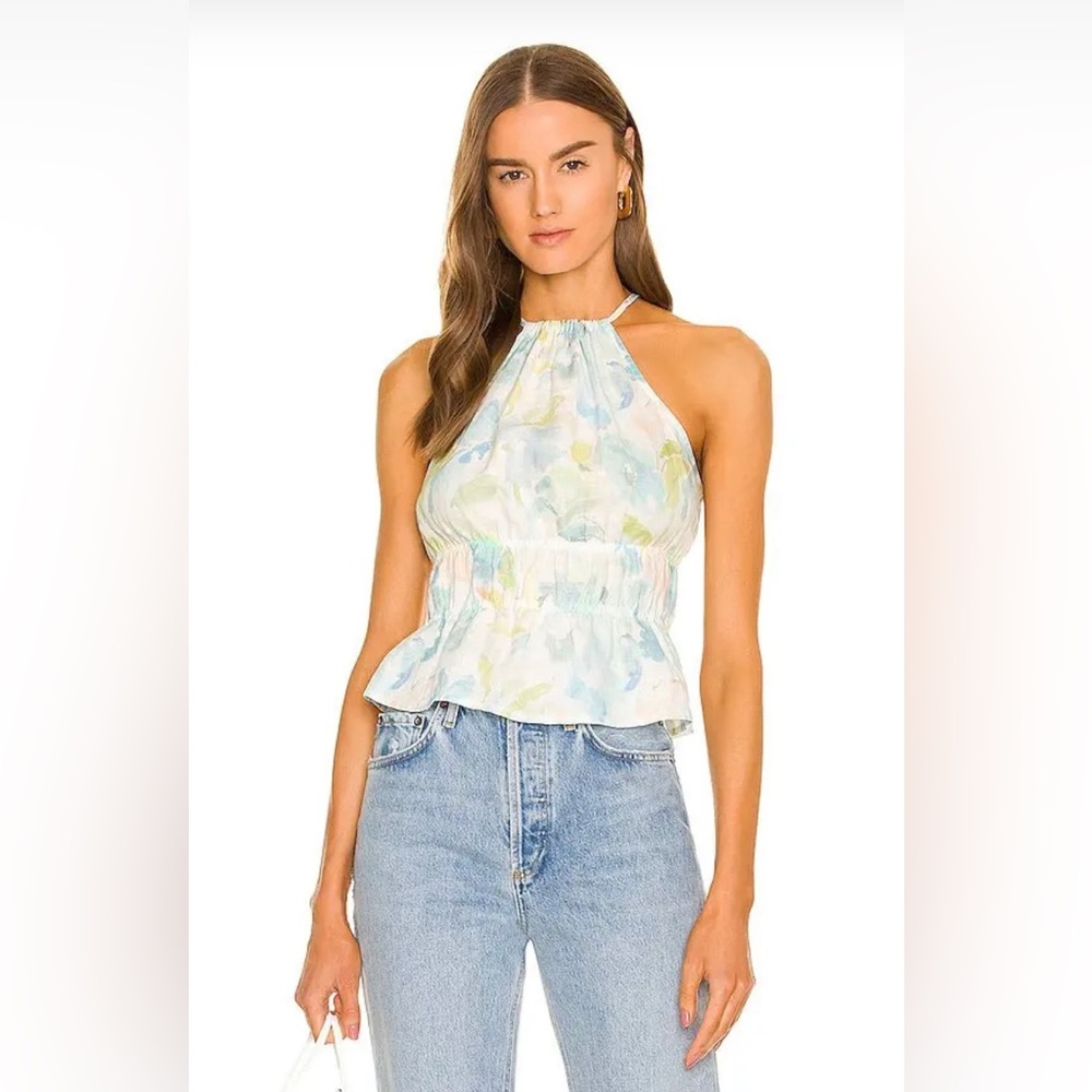 NWT Bella Dahl Smocked Waist Linen Halter Top Aqua Floral Print Size L